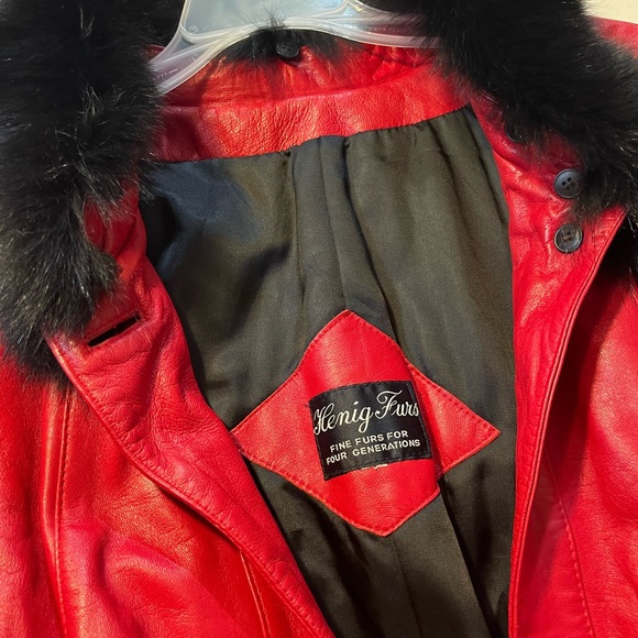 Henig furs long red leather jacket w/ fur trimmings - Picture 5 of 11